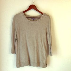 Khaki sweater with 3/4 sleeves.